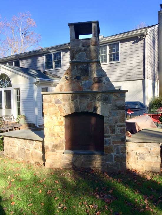 Outdoor Fireplace Back Opening with Flagstone Mantel Hearth and Sitting Walls with Flagstone Cap